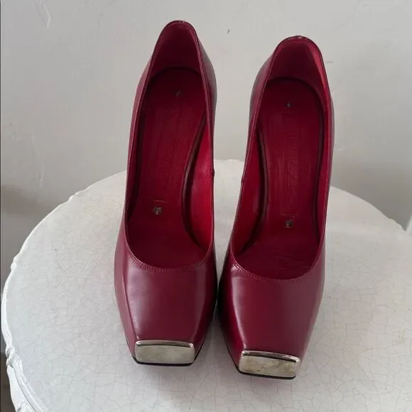 Gianmarco Lorenzi Bold Leather Red Heels Platform Square Toe Red Outsole Size 36 - Picture 2 of 14
